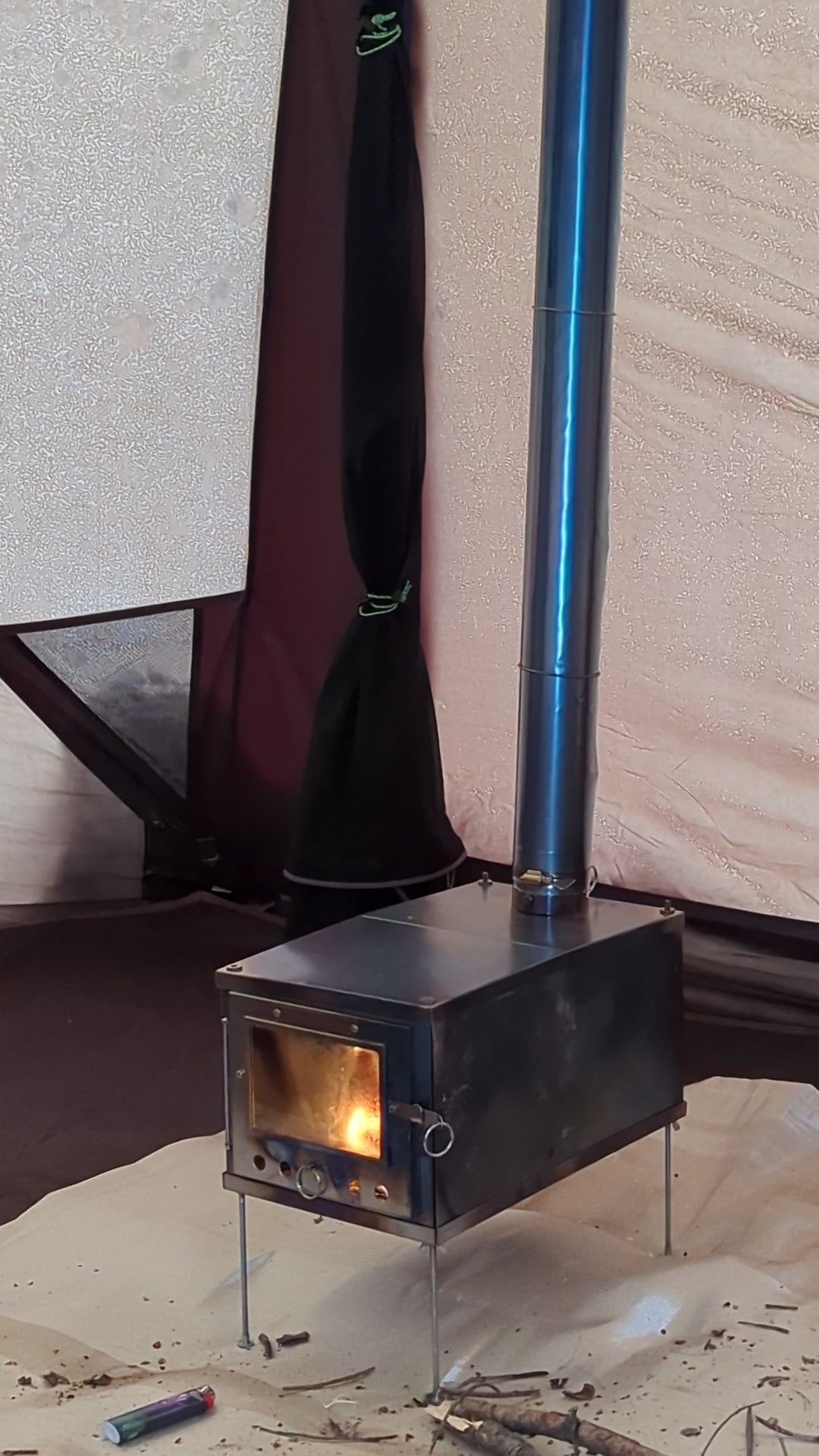 Video of 3RG Stove with fire inside hot tent
