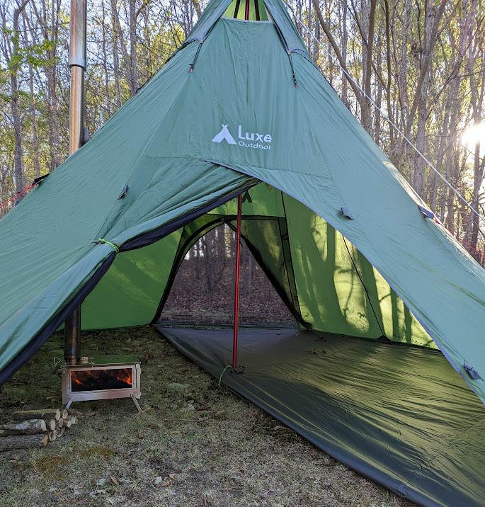 Luxe Megahorn XL Hot Tent with stove on a spring day